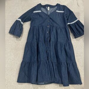 Anthropologie Lapis Chambray Tiered Boho Dress Small Lace Trim Bell Sleeve